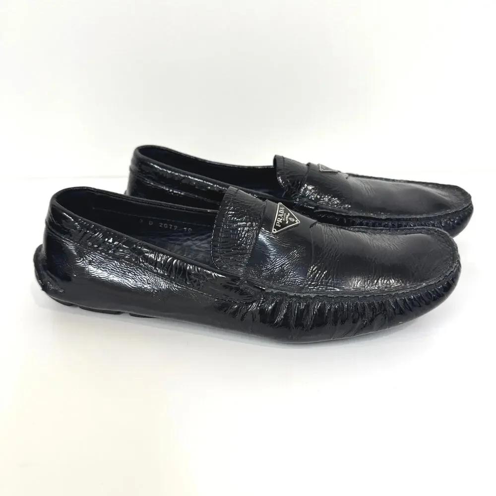 PRADA Black Patent Leather Silver Triangle Logo Driving Loafer 10 Moccasin Shoes